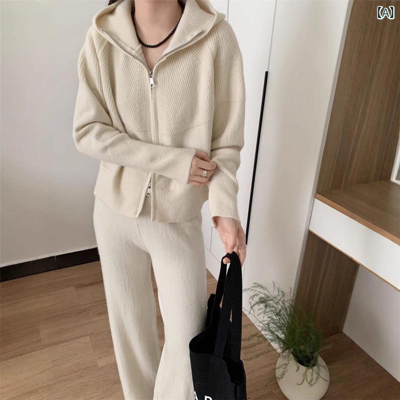 セットアップ レディース 秋冬 ニット カーディガン フード付き ジップアップ セーター ロングパンツ 2点セット 上下セット ルームウェア 部屋着 ワンマイルウェア 無地 ゆったり 暖かい