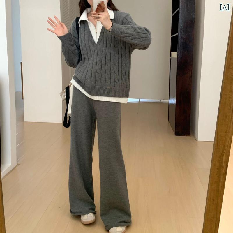 セットアップ レディース 編み物 上下仕かける 広広としたズボン下 ティーシャツ 重ね着風 長袖 秋冬 防寒 生あたたかい ゆったり 体型押しかぶせる 無地 心地よい お部屋お召しもの お部屋着 ワンマイルウェア 分かりやすい 酉の方角天然ゴム セットアップ-ジャージ-レディースジャージ