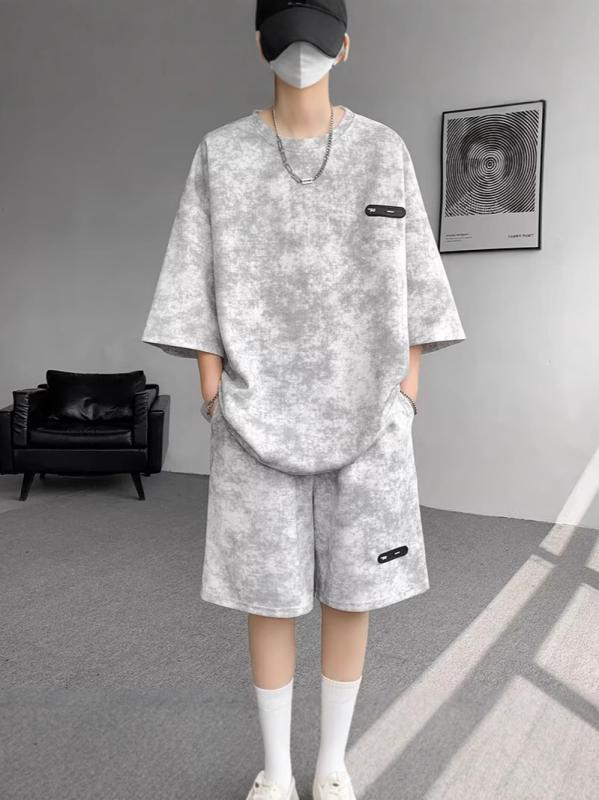 セットアップ メンズ 夏 上下セット 半袖 Tシャツ ハーフパンツ 大きいサイズ タイダイ クルーネック ゆったり スポーツウェア 部屋着 ルームウェア カジュアル 運動着 涼しい 綿 ビッグシルエット ストリート ワッペン