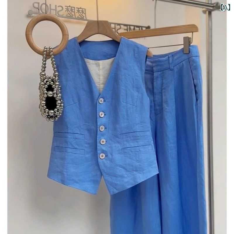 セットアップ レディース ジレ ベスト パンツ 2点セット パンツスーツ ブルー Vネック ノースリーブ 通勤 オフィス ビジネス フォーマル カジュアル 涼しい 夏用 無地 お呼ばれ 入学式 卒業式 シンプル