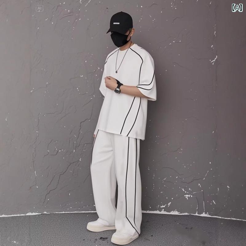 セットアップ メンズ スポーツウェア 上下セット 半袖 Tシャツ ロングパンツ 2点セット サイドライン バイカラー シンプル カジュアル ルームウェア 部屋着 ジョギング トレーニング 運動 大きいサイズ 夏用
