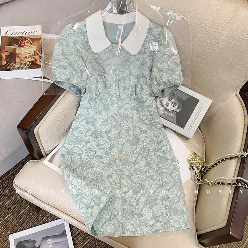 ワンピース レディース ジャガード パフスリーブ 半袖 ティーブレイクドレス Aライン ロング丈 ミモレ丈 春夏 お呼ばれ 二次会 パーティー 披露宴 演奏会 発表会 同窓会 食事会 花柄 総柄 涼しい ウエスト切替 裏地付き