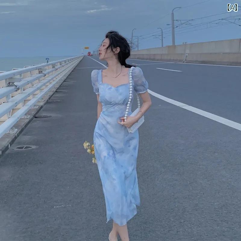 ワンピース レディース 花柄 ロングワンピース スクエアネック パフスリーブ Aライン マキシ丈 半袖 総柄 夏 春 お出かけ 旅行 デート リゾート カジュアル 裏地付き 体型カバー 透けない 涼しい レトロ ティアード