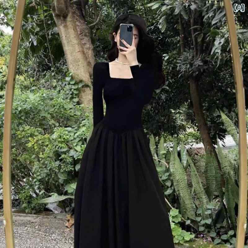ワンピース レディース ロングワンピース 春 Aライン スクエアネック ロング丈 マキシ丈 ブラック 黒 無地 パフスリーブ 長袖 お呼ばれ パーティー 二次会 カジュアル フォーマル クラシック レトロ エレガント おしゃれ かわいい 体型カバー