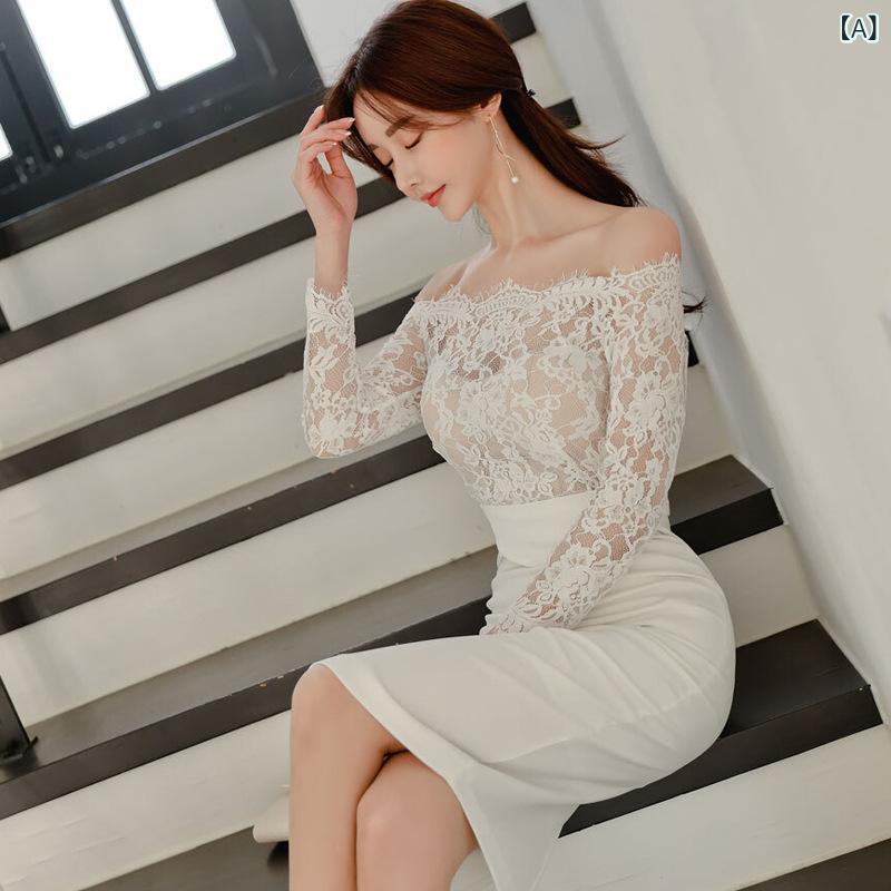 ワンピース レディース レース オフショルダー タイトワンピース 膝丈 結婚式 パーティー お呼ばれ 二次会 フォーマルドレス 披露宴 演奏会 発表会 裏地付き ミモレ丈 スリム 春夏 秋 半袖 ペンシルスカート
