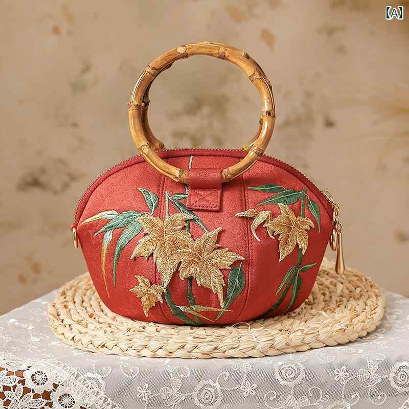 ハンドバッグ レディース ショルダーバッグ 2way 斜めがけ 南瓜型 バンブーハンドル 刺繍 もみじ柄 和装小物 和柄 お出かけ 普段使い カジュアル レトロ モダン ギフト プレゼント 鞄 バッグ 和服 着物 大人