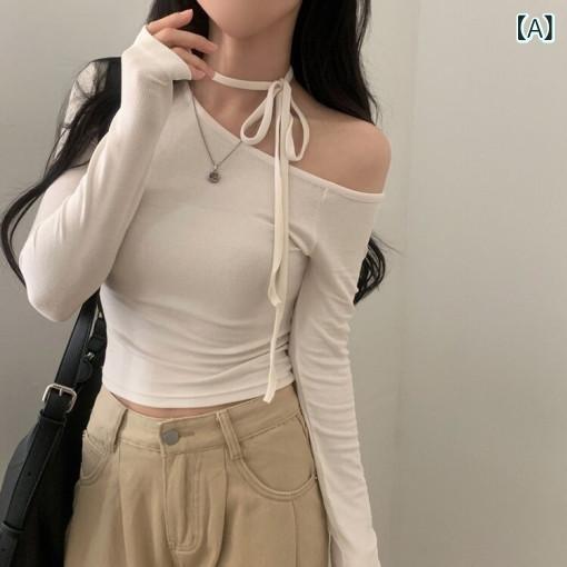 Tシャツ レディース 長袖 トップス カットソー 鎖骨見せ リボン タイト スリム フィット ストレッチ 無地 秋服 インナー 薄手 部屋着 カジュアル シンプル 柔らかい 伸縮性 普段使い 通勤