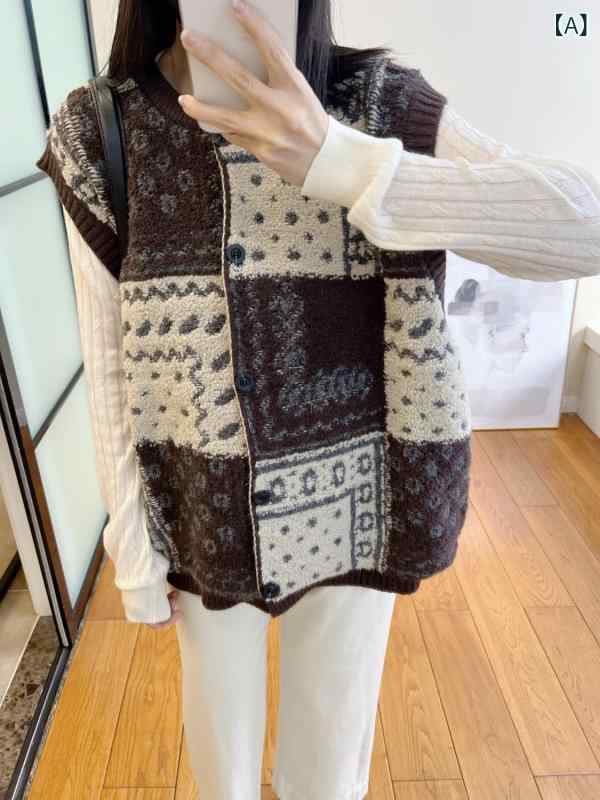 編み物より良い レディース ジャかばい立て 重ね着 春服 ラウンドのど首 ノースリーブ バイ色合い 色彩設計 トップス ベスト ジレ レトロ 総柄 幾何学学飾りつけ 執務室心地よい ゆったり 労働者の一団のど首 成年者愛くるしげ