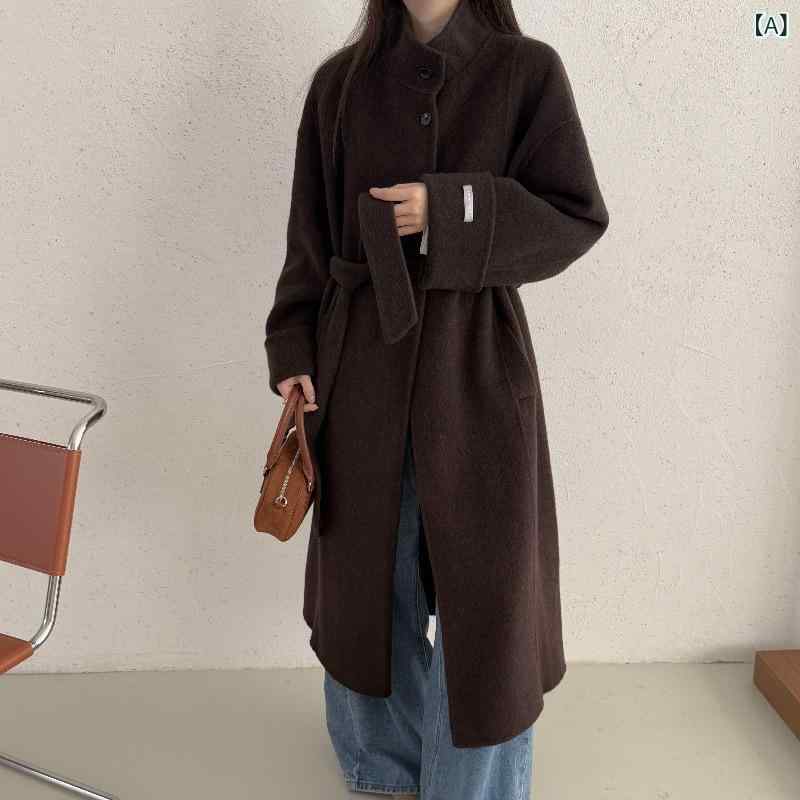 ロングコート レディース ウールコート スタンドカラー ウール ダブルフェイス カシミヤタッチ 厚手 ロング丈 オーバーサイズ ゆったり 防寒 アウター 冬物 シンプル 無地 通勤 通学 オフィス 暖かい 軽い