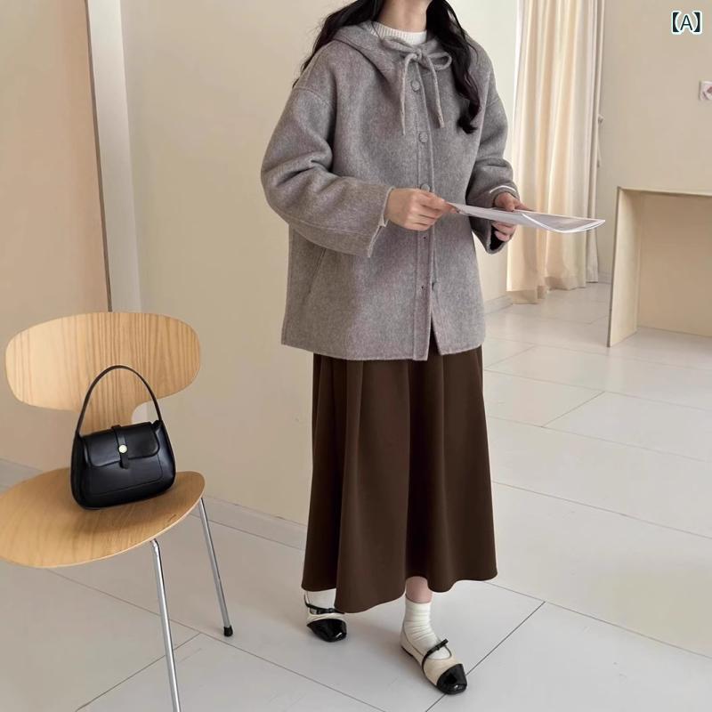 ウールコート レディース フード付き ショート丈 ダブルフェイス カシミヤ混 軽い 暖かい 防寒 アウター 羽織り 上着 無地 カジュアル 通勤 通学 秋冬 ゆったり 大きめ シンプル ジャケット ハーフコート