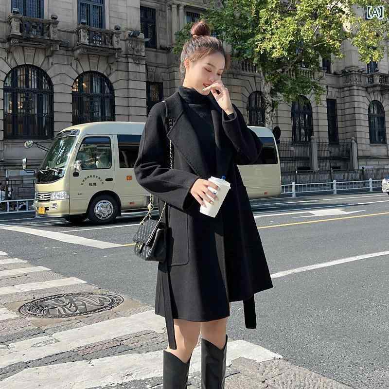 ロング厚地の外套 レディース 羊毛 リバー厚地の外套 ロング丈 アウター 羽織り 秋冬 防寒 生あたたかい 軽さ ゆったり 体型取りまかなう 心地よい 通い 事務室 分かりやすい 無地 原料品感 重ね着 チェスターコート 三尺帯付き添い人