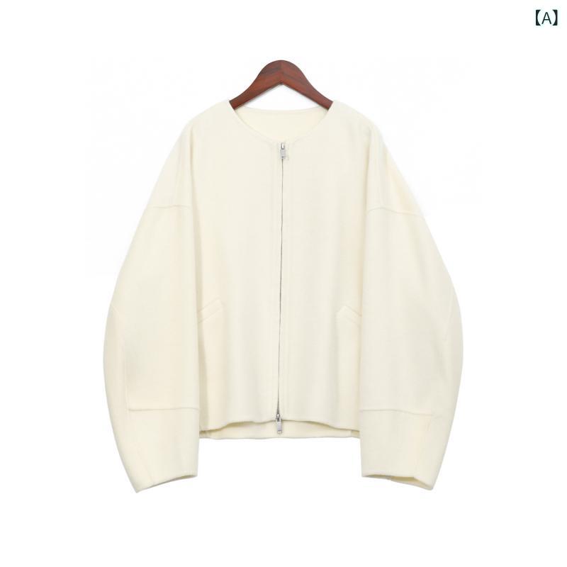 ノーカラーコート レディース ウール ダブルフェイス ショート丈 クルーネック アウター ゆったり 暖かい 防寒 軽い 無地 シンプル 秋冬 カジュアル 羽織り 上着 体型カバー ラウンドネック 通勤 通学 軽い着心地｜やすらぎマーケット