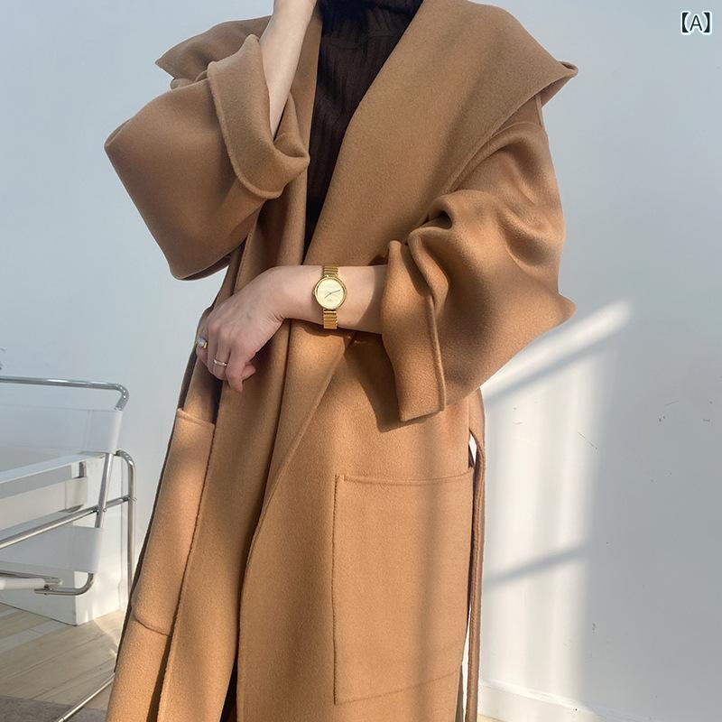 ロングコート レディース ウールコート フード付き リバーコート ダブルフェイス 手縫い ロング丈 ゆったり アウター 秋冬 防寒 暖かい シンプル 無地 厚手 通勤 オフィス 素材