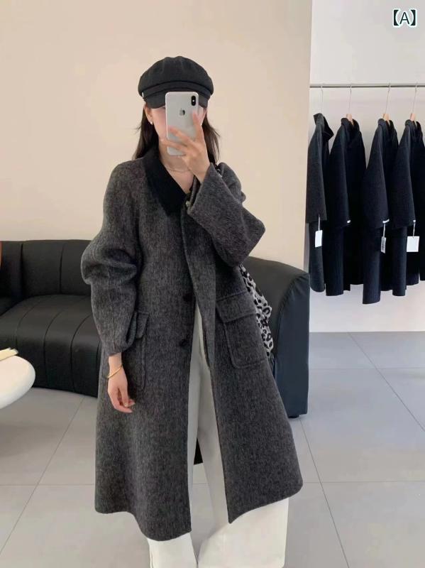 ロングコート レディース ウールコート ヘリンボーン 丸襟 ロング丈 ダブルフェイス 羊毛 アウター 厚手 防寒 秋冬 通勤 カジュアル ビッグカラー ドロップショルダー オーバーサイズ 暖かい Aライン 上着 襟付き｜やすらぎマーケット