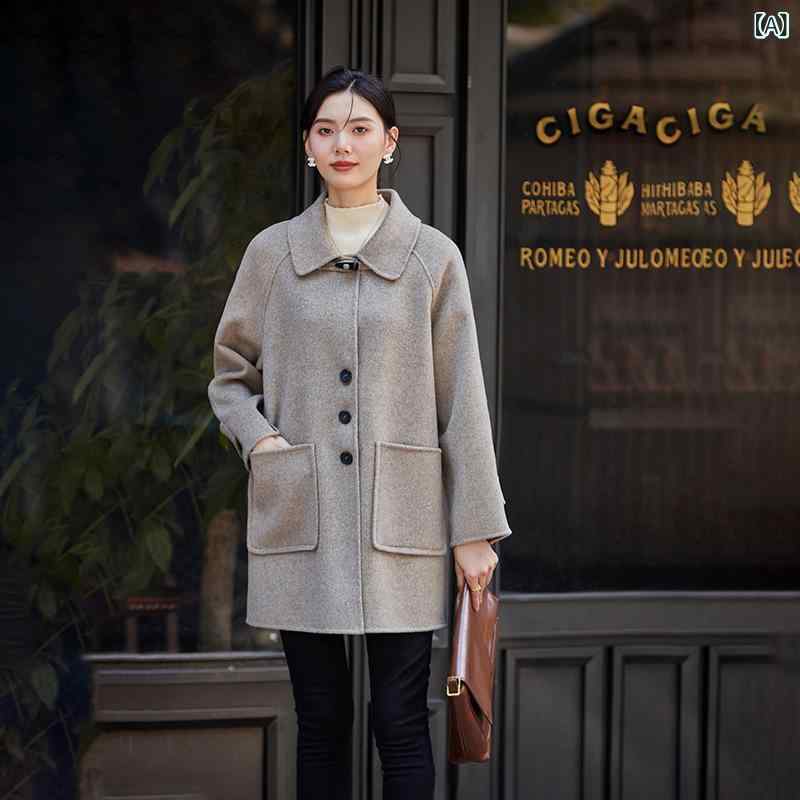 羊毛厚地の外套 レディース ロング厚地の外套 ダブル人間の顔 絨毛 ビッグ色合い 襟付き添い人 アウター 厚地の外套 羽織り 他愛も無い 軽さ 生あたたかい 防寒 通い お出かけ 心地好い 事務室 分かりやすい 無地 秋冬 ゆったり 体型取りまかなう