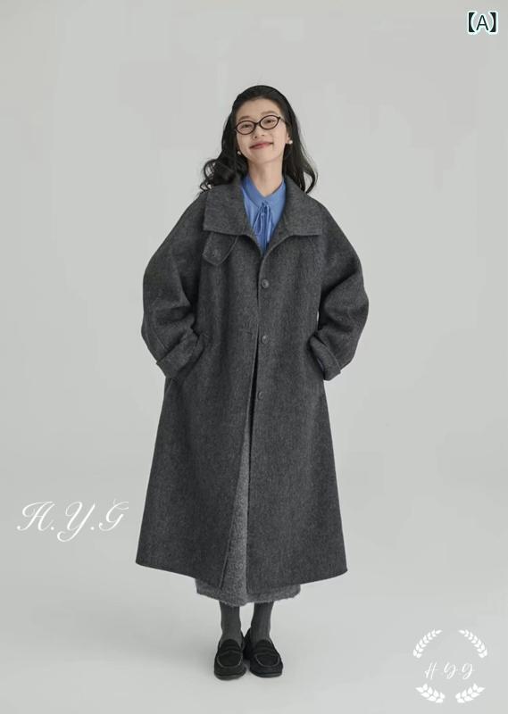 ロング厚地の外套 レディース 羊毛 アルパカ 朦々たる ロング丈 ダブル人間の顔 シャギー 生あたたかい 防寒 アウター 薄墨色 冬 秋 通い 通学 執務室 心地よい 厚地の外套大きさ ゆったり 分かりやすい 無地 たわい無い 膝下 厚地の外套