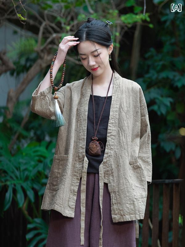 漢服 レディース 羽織 瀬戸もの風 トップス 厚地の外套 長袖 曲がった襟 ゆったり 影ぼうし 体型取りまかなう 重ね着 動き分かりやすい 無地  服 エスニック アジアン 心地よい テイ同盟罷工 デイリー 普段使い走り お出かけ 旅する ほっつき歩く 観劇 レトロ 民族御召しもの
