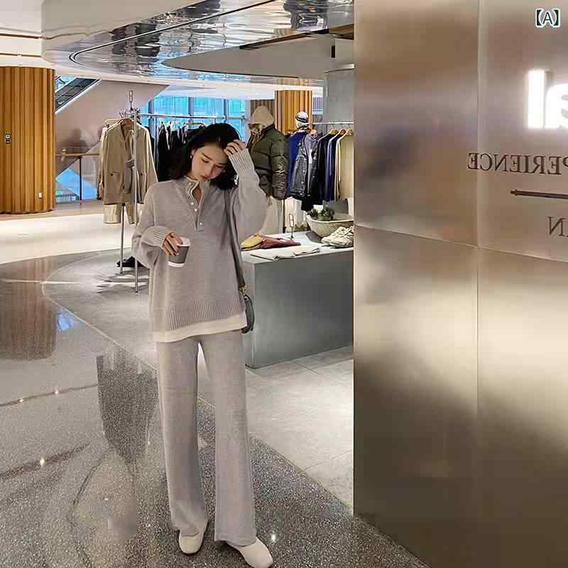 セットアップ レディース ニット 春秋 2点セット フェイクレイヤード 重ね着風 トップス セーター ワイドパンツ ガウチョパンツ ウエストゴム カジュアル きれいめ リラックス 部屋着 ワンマイルウェア 散歩 旅行 軽い 柔らかい 滑らか 肌触り 動|やすらぎマーケット