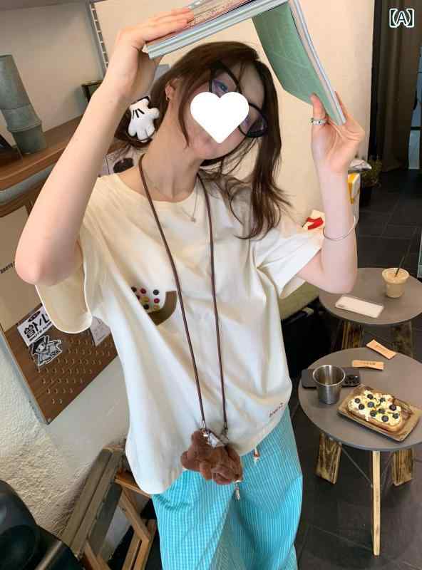 プルオーバー レディース 半袖 綿織物 刺しゅう 労働者の一団のど頚 トップス 綿 カットソー 心地よい 紋章 ゆったり 春夏 重ね着 通学 通い 分かりやすい 御部屋着 冷やりとした ティーシャツ 下穿き ほっつき歩く お出かけ