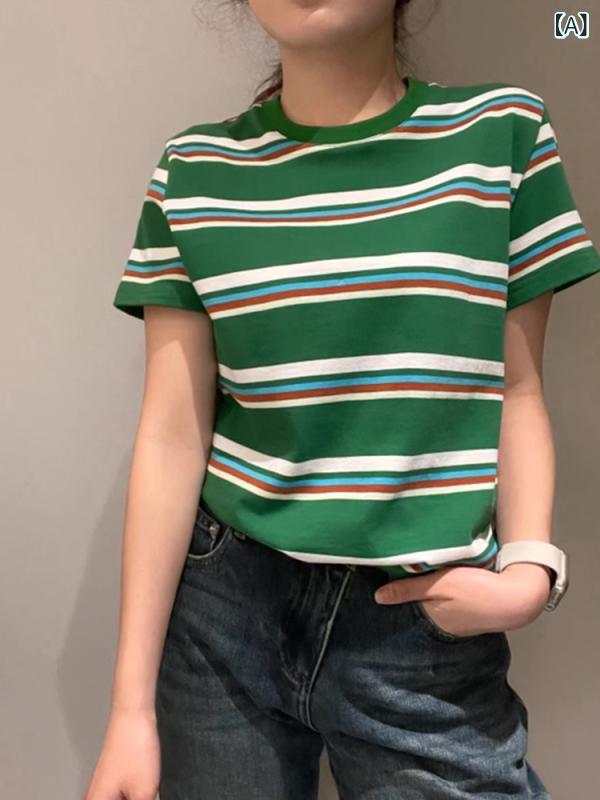 Tシャツ レディース 半袖 ボーダー トップス カットソー クルーネック 配色 5分袖 夏服 春夏 涼しい カジュアル プルオーバー インナー 薄手 部屋着 お出かけ シンプル 伸縮性 柔らかい デイリー コットン 吸汗 速乾 重ね着 通気性
