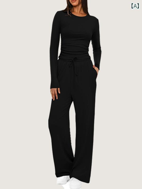 セットアップ レディース スウェット ワイドパンツ アシンメトリー 体型カバー 着痩せ 上下セット 長袖 秋 春 ワンマイルウェア 部屋着 ルームウェア カジュアル スポーツウェア 運動着 トレーニングウェア ヨガウェア ジョギング ウォーキング
