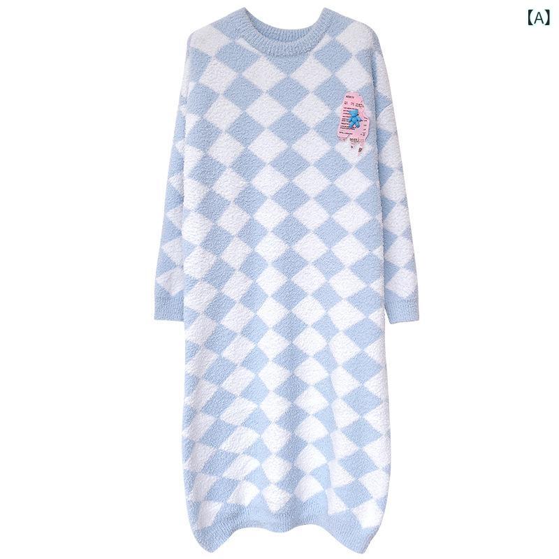 パジャマ ルームウェア レディース 部屋着 ワンピース ニット もこもこ 前開き 厚手 軽量 ナイトウェア ガウン リラックス チェック柄 クマ 膝下丈 長袖 冬用 防寒 室内着 ロングカーディガン ふわふわ 上着 羽織り 寝巻き 柔らかい 可愛