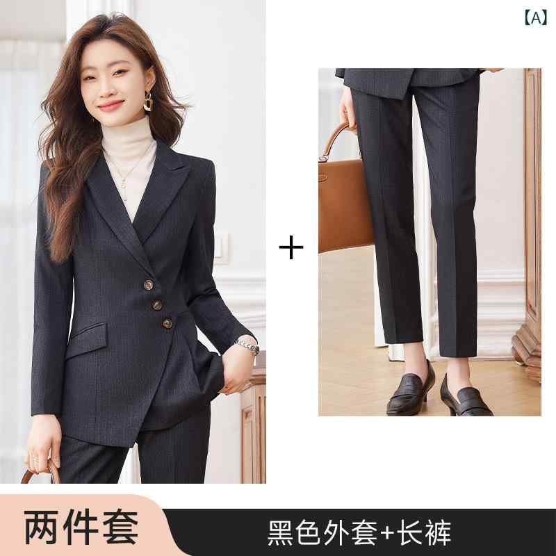 パンツスーツ レディース ストライプ セットアップ ジャケット パンツ 上下セット 2点セット 長袖 オフィス フォーマル ビジネス 事務服 通勤 仕事着 入学式 卒業式 冠婚葬祭 ブラック テーラードジャケット