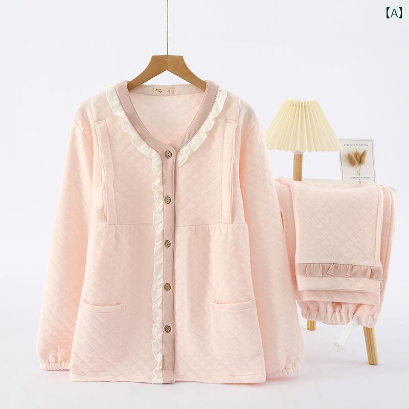 授乳服 マタニティパジャマ 前開き 授乳口付き 上下セット 3層構造 エアコットン 厚手 中綿入り 冬用 産前産後 入院準備 保温 防寒 授乳しやすい スナップボタン ウエスト調節 部屋着 長袖 キルティング素材 授乳ウェア 快適 ナイトウェア ルームウ