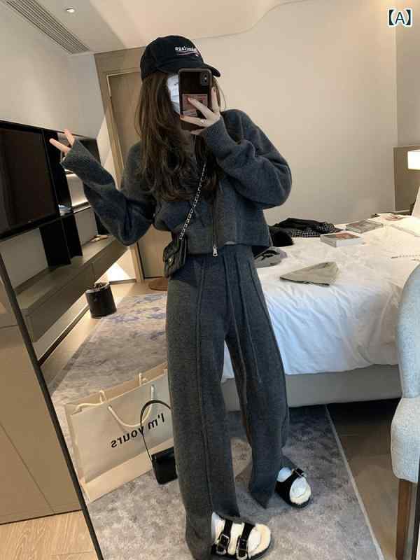 セットアップ レディース ニット カーディガン ワイドパンツ フード付き 長袖 2点セット 部屋着 カジュアル 春秋 ウエストゴム 無地 暖かい ゆったり ワンマイルウェア 上下セット パンツスーツ 柔らかい シンプル
