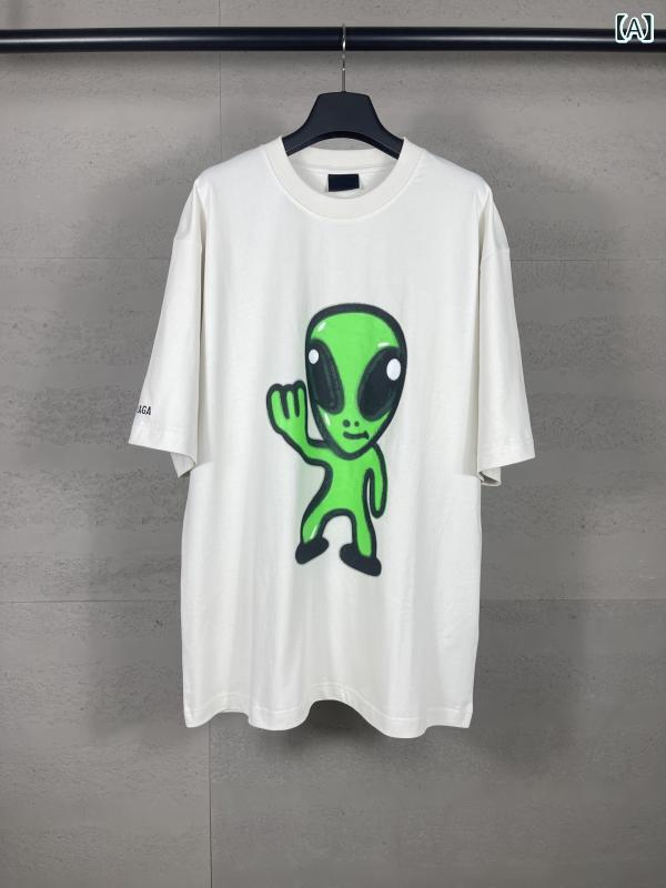 Tシャツ レディース メンズ エイリアン スマイル 半袖 プリント 大きいサイズ オーバーサイズ クルーネック カットソー トップス カジュアル 夏服 ルームウェア キャラクター おもしろ ロゴ グラフィック 綿素材