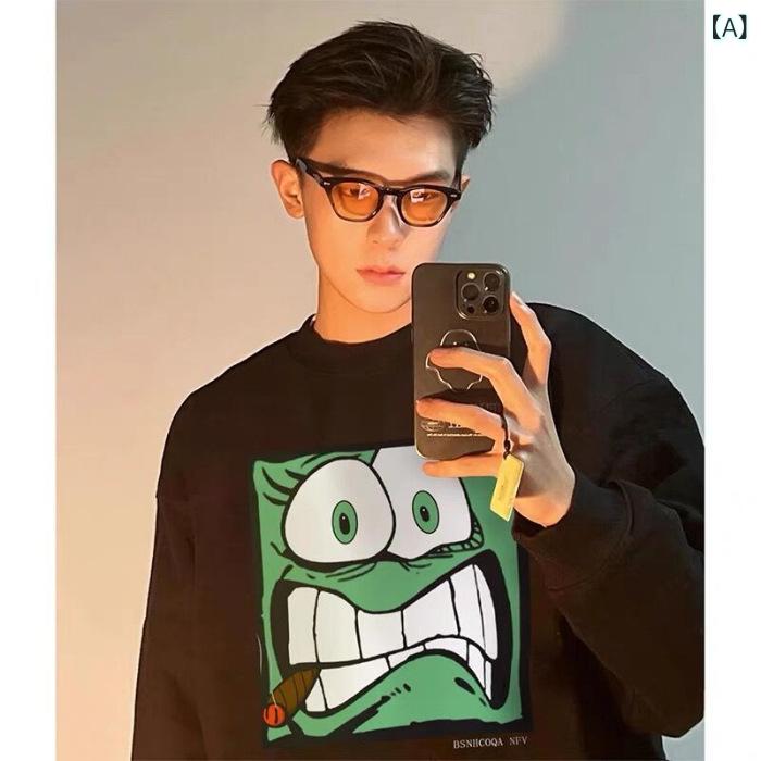 長袖Tシャツ メンズ ストリート アメカジ プリント ロンT ヘビーウェイト トップス クルーネック 個性的 アニメ グラフィック コットン 秋服 カジュアル 大きいサイズ ゆったり おしゃれ かっこいい