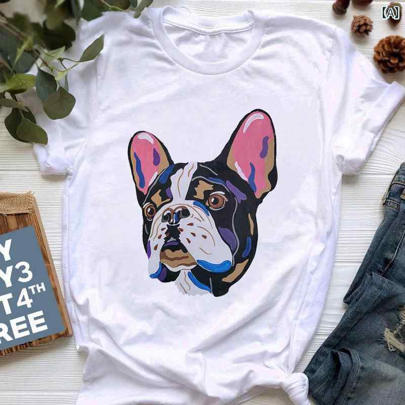 Tシャツ レディース 半袖 プリント ブルドッグ クルーネック カットソー アニマル柄 コットン素材 ストリート トップス カジュアル 普段着 おしゃれ かわいい 犬 夏服 丸首 グラフィック キャラクター 大きめ