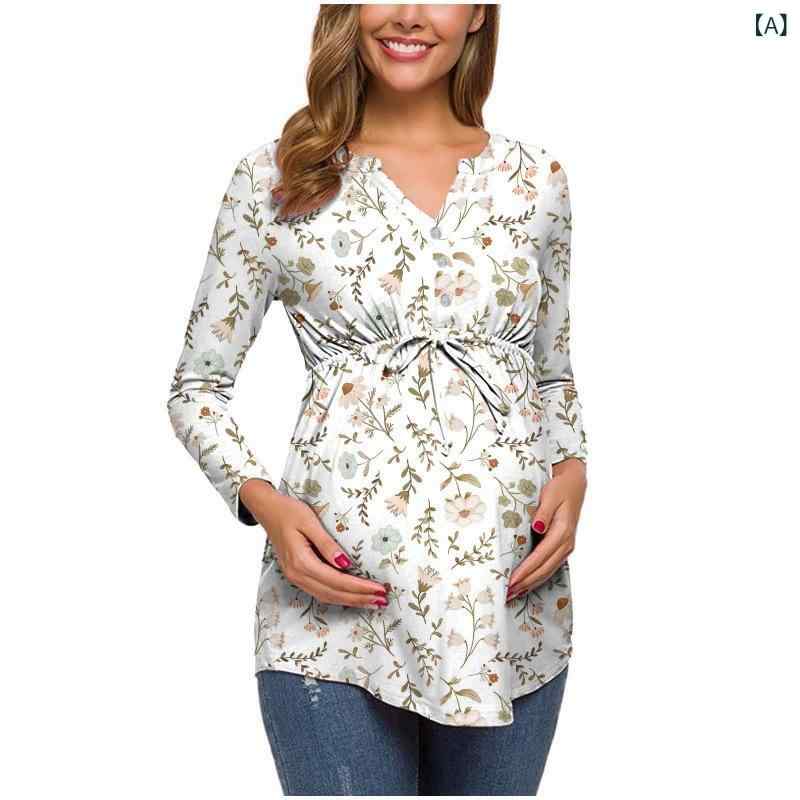 授乳服 トップス 長袖 Vネック チュニック ウエストリボン 産前産後 体型カバー きれいめ デジタルプリント 幾何学模様 総柄 スタイルアップ 授乳口付き 秋冬 カジュアル フォーマル 普段着 授乳機能 お呼ばれ 動きやすい お出かけ チュニック丈