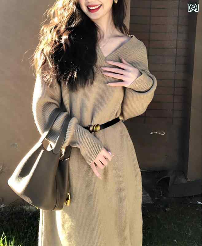 編み物衣裳 レディース ロング Vのど首 長袖 無地 A伝達ルート 影ぼうし 着痩せ 高見せかけ 雅びやか 秋冬 お呼ばれ 会う約束 伸縮性 パステル色の 生あたたかい お出かけ 普段使い走り 旅する マキシ丈 酉の方角見澄ます I伝達ルート 太陽フレア 細長い切口 ロング衣裳