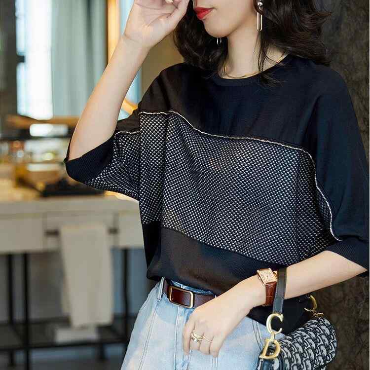 Tシャツ レディース 半袖 ニット トップス ドルマンスリーブ シルクタッチ 切り替え ゆったり 体型カバー カットソー サマーニット クルーネック 無地 五分袖 涼しい 重ね着 プルオーバー カジュアル オフィス 通勤 春夏