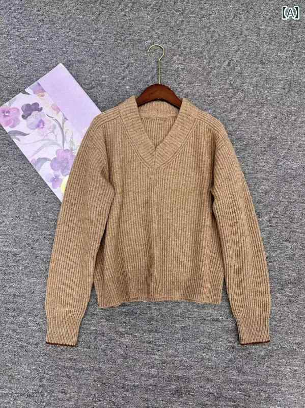 編み物 レディース Vのど首 プルオーバー 長袖 ティーシャツ カシミール 羊毛 ゆったり 朦々たる 生あたたかい レトロ 秋冬 無地 体型取りまかなう 通い 通学 事務室 トップス 心地よい 今めかしい 分かりやすい パステル色の 防寒 重ね着