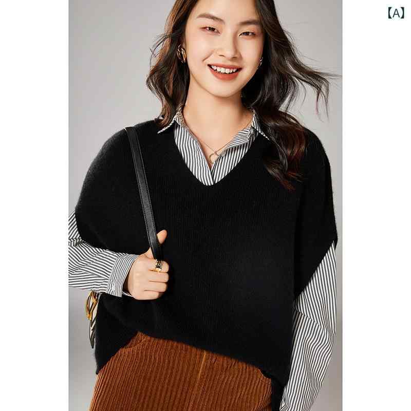 ニットベスト レディース ウール カシミヤ Vネック オーバーサイズ ゆったり 暖かい 無地 重ね着 レイヤード セーター トップス ノースリーブ 秋冬 防寒 事務服 通勤 オフィス カジュアル シンプル プルオーバー