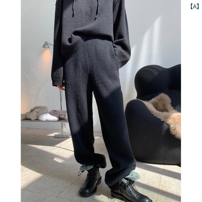 ニットパンツ ワイドパンツ レディース 厚手 ハイウエスト 脚長効果 縦ライン強調 暖か素材 寒さ対策 裏起毛なし 体型カバー 楽ちん 部屋着 ルームウェア ワンマイルウェア カジュアル 通勤 通学 オフィス 股上深め ウエストゴム 落ち感 Aライン シ