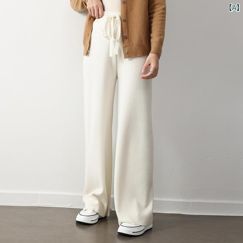 ワイドパンツ ウール100% ニットパンツ 厚手 落ち感 美シルエット 保温性 秋冬 レディース オフィス カジュアル ストレート 体型カバー ボトムス ウエストゴム 無地 大人 ゆったり 股上深め 質感 弾力性 高密度 フルレングス 防寒対策 通勤 普|やすらぎマーケット