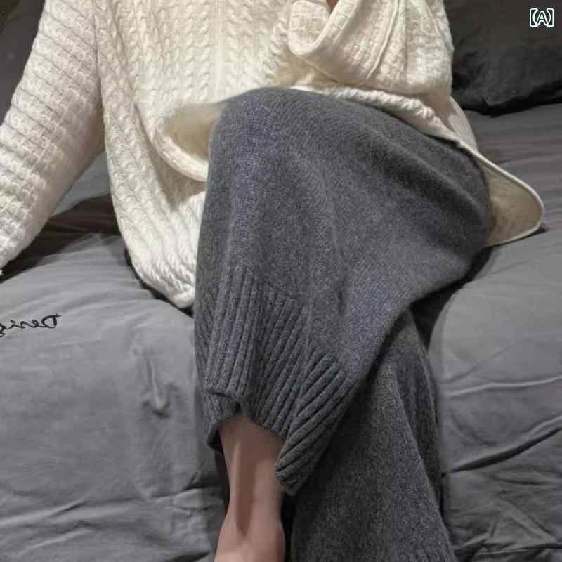 ワイドパンツ ニットパンツ レディース グレー ストレート 厚手 暖かい 落ち感 着痩せ 高見え 美脚効果 ウエストゴム ストレッチ 伸縮性 動きやすい もっちり 部屋着 普段使い お出かけ ルームウェア ボトムス 洗える リラックス シンプル 無地 寒