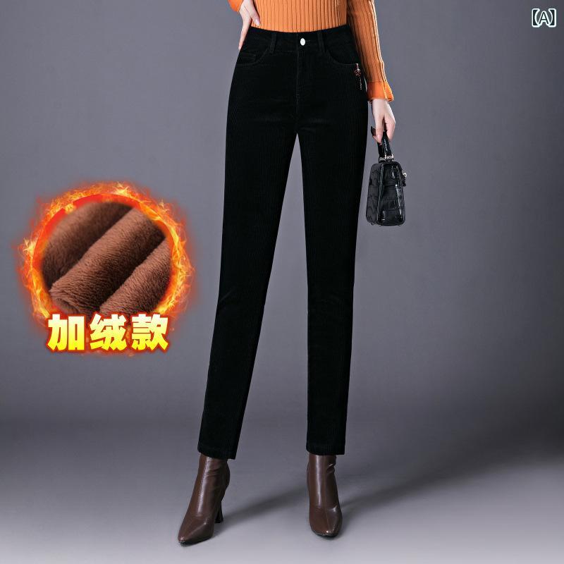 コーデュロイパンツ レディース 裏起毛 ストレートパンツ ハイウエスト ストレッチ 暖かい 防寒 ズボン ボトムス 厚手 ウエストゴム 無地 カジュアル 部屋着 股上深め 洗える シニア 楽ちん ロングパンツ 秋冬