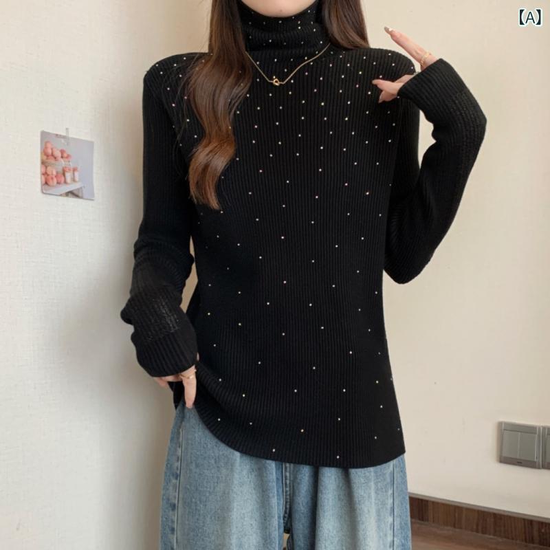 ニット トップス レディース 大きいサイズ ハイネック タートルネック 長袖 プルオーバー 厚手 ラインストーン装飾 ビジュー付き キラキラ インナー 重ね着 無地 秋冬 保温 防寒 暖かい ゆったり 伸縮性 ストレッチ素材