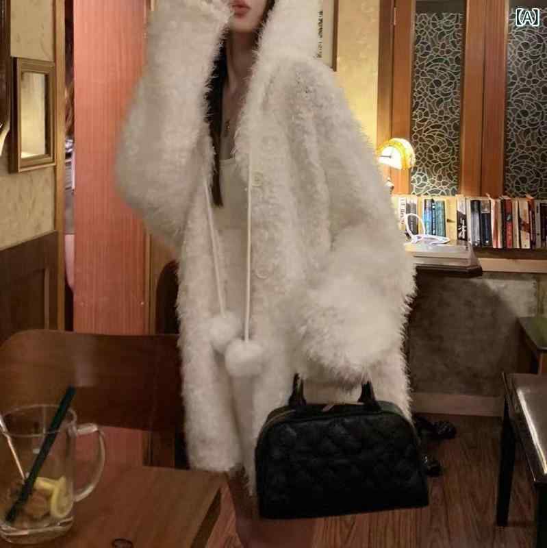 編み物ジレー レディース モヘヤ混 スウェーター ボンネット付き添い人 アウター 秋冬 もこもこ 朦々たる 前食い違い 羽織り トップス 肌ざわり ゆったり 生あたたかい 防寒 御部屋着 心地好い 無地 向こう見ず 音の大きさ袖 長袖