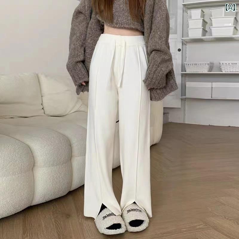 ワイドパンツ レディース カジュアル ロングパンツ フロントスリット 美脚 ウエストゴム ニット センターライン 通勤 楽ちん 動きやすい 落ち感 きれいめ ボトムス 柔らかい 履き心地 体型カバー スラックス 無地 ワンマイルウェア フルレングス スト