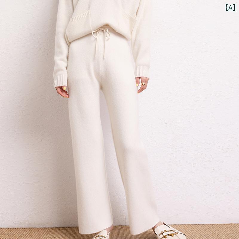ワイドパンツ レディース カシミヤ ニット ストレッチ 脚長効果 ハイウエスト ロング丈 ワンマイルウェア 暖かい 混紡 無地 ゆったり きれいめ ボトムス ズボン ウエストゴム 美脚 イージーパンツ 洗える 部屋着 外出着 単色 普段使い 定番服 デイ|やすらぎマーケット