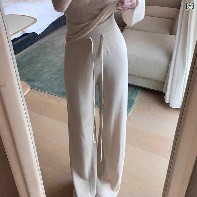 ワイドパンツ ウール レディース ニットパンツ ハイウエスト 美脚 高配合 ボトムス 秋冬 ロング丈 センターライン 落ち感 柔らかい 伸縮性 動きやすい 楽ちん 洗練 シルエット 重ね着 合わせやすい 落ち着いた 色合い 質感 シーンを選ばない