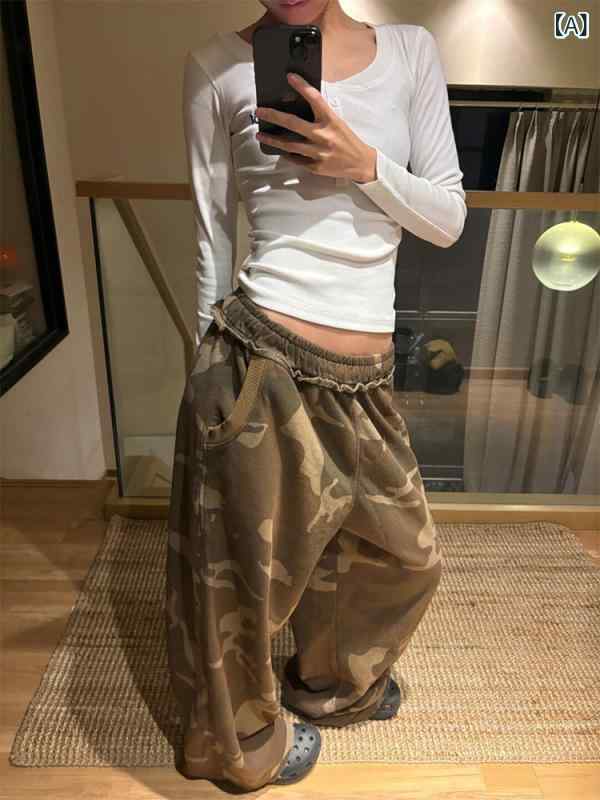 ワイドパンツ レディース 迷彩 スウェットパンツ ストレート ロング丈 カジュアル ワークパンツ ウエストゴム ボトムス フルレングス 体型カバー ミリタリー カモフラージュ カモフラ アーミー