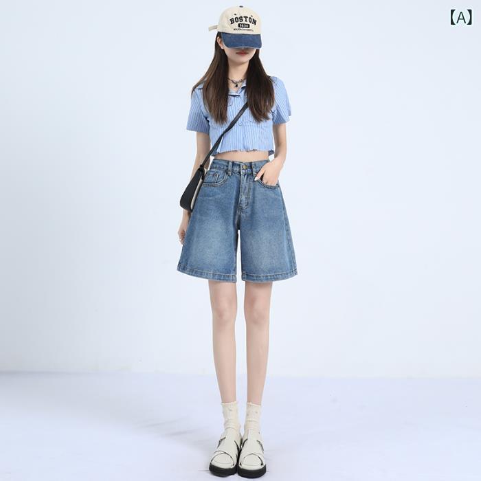 デニムショートパンツ レディース デニム ハイウエスト Aライン ハーフパンツ 夏用 カジュアル ジーンズ バミューダパンツ 5分丈 ワイドパンツ ウエストゴム ゆったり 体型カバー 大きいサイズ ボトムス