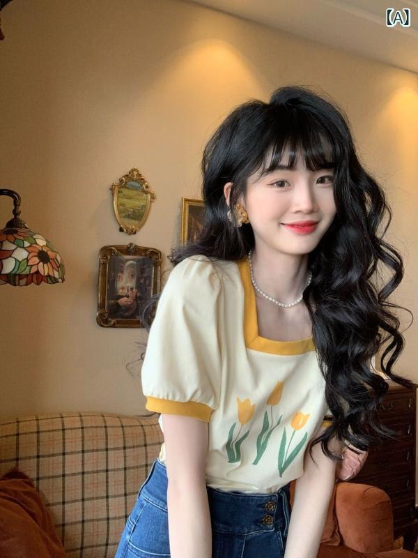 Tシャツ レディース スクエアネック 半袖 プリント カットソー トップス 夏 カジュアル インナー プルオーバー お出かけ コットン 総柄 模様 涼しい 快適 薄手 吸汗 速乾 シンプル デイリー