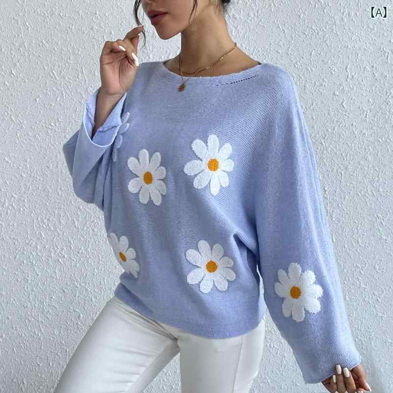 ニット セーター レディース 花柄 刺繍 トップス プルオーバー 長袖 オフショルダー ゆったり ボートネック 厚手 秋冬 カジュアル かわいい おしゃれ 暖かい 洗える 部屋着 お出かけ デート フラワー ボリューム袖 防寒 重ね着
